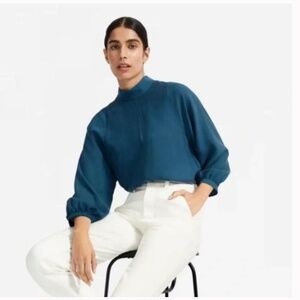 Everlane Cupro Eco-Fabric Mock-neck 3/4 Sleeve Blouse, Teal, size 0